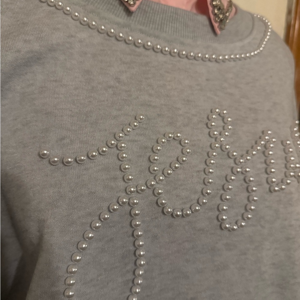 Pearl-Embellished Light Gray Women's Sweater